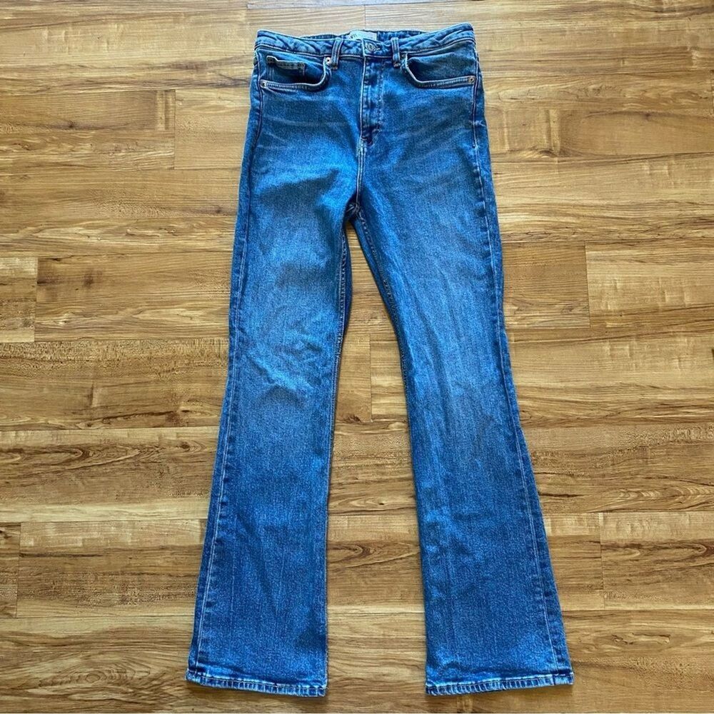 ZARA 8 High Rise Flare Leg Blue Denim Jeans Stretch Western Retro 70s 28x31*